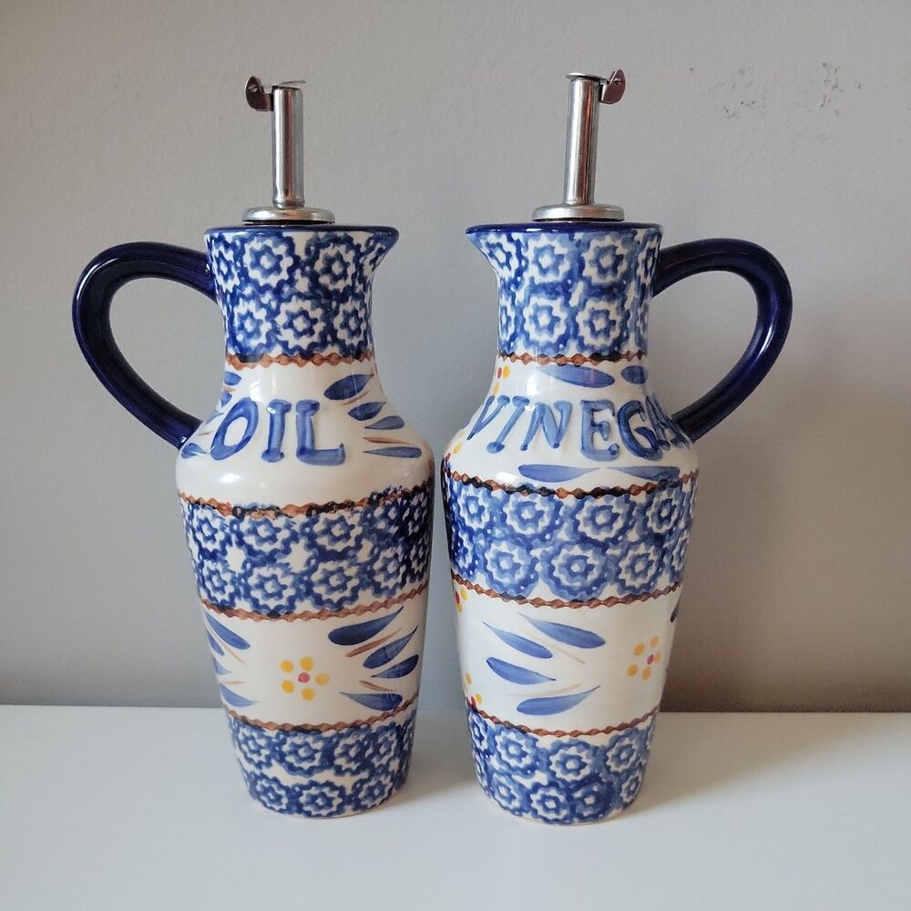 Temp-tations by Tara Old World BLUE Oil & Vinegar Cruet Bottle Set Farmhouse